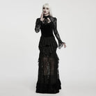 PUNK RAVE Women's Gothic Layered Ruffle Velvet Lace Maxi Skirt