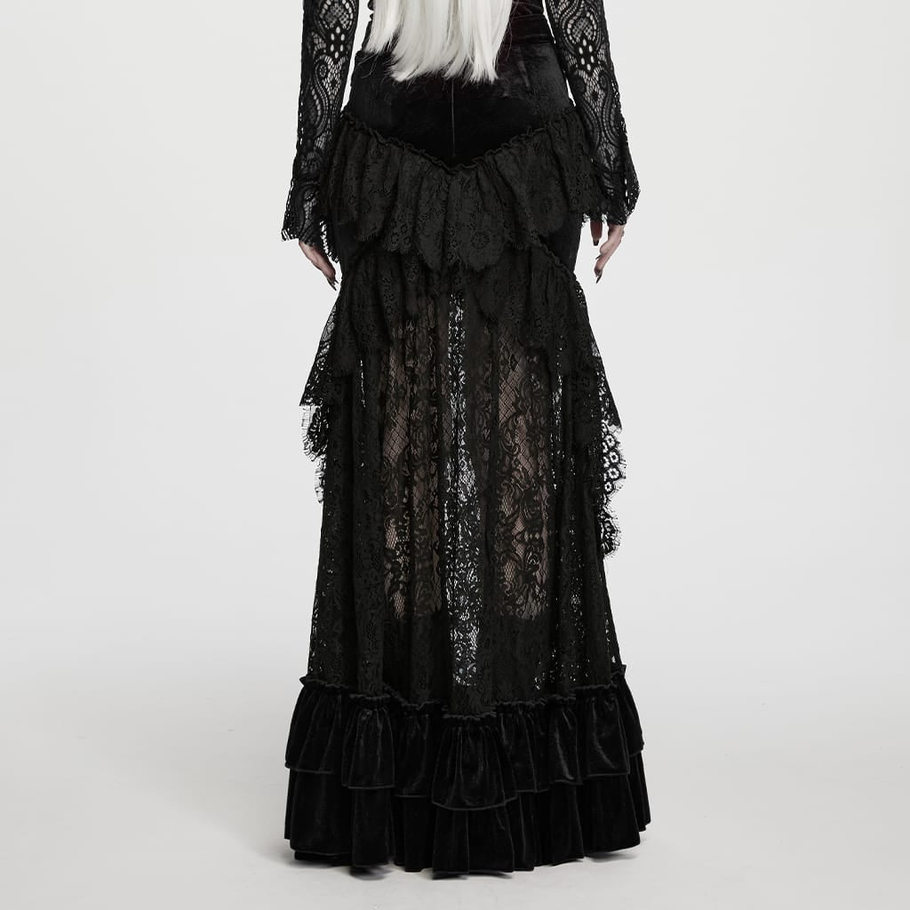 PUNK RAVE Women's Gothic Layered Ruffle Velvet Lace Maxi Skirt