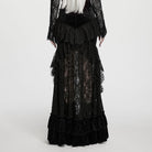 PUNK RAVE Women's Gothic Layered Ruffle Velvet Lace Maxi Skirt