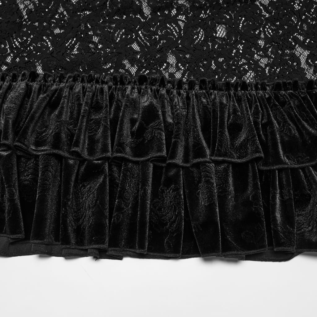 PUNK RAVE Women's Gothic Layered Ruffle Velvet Lace Maxi Skirt