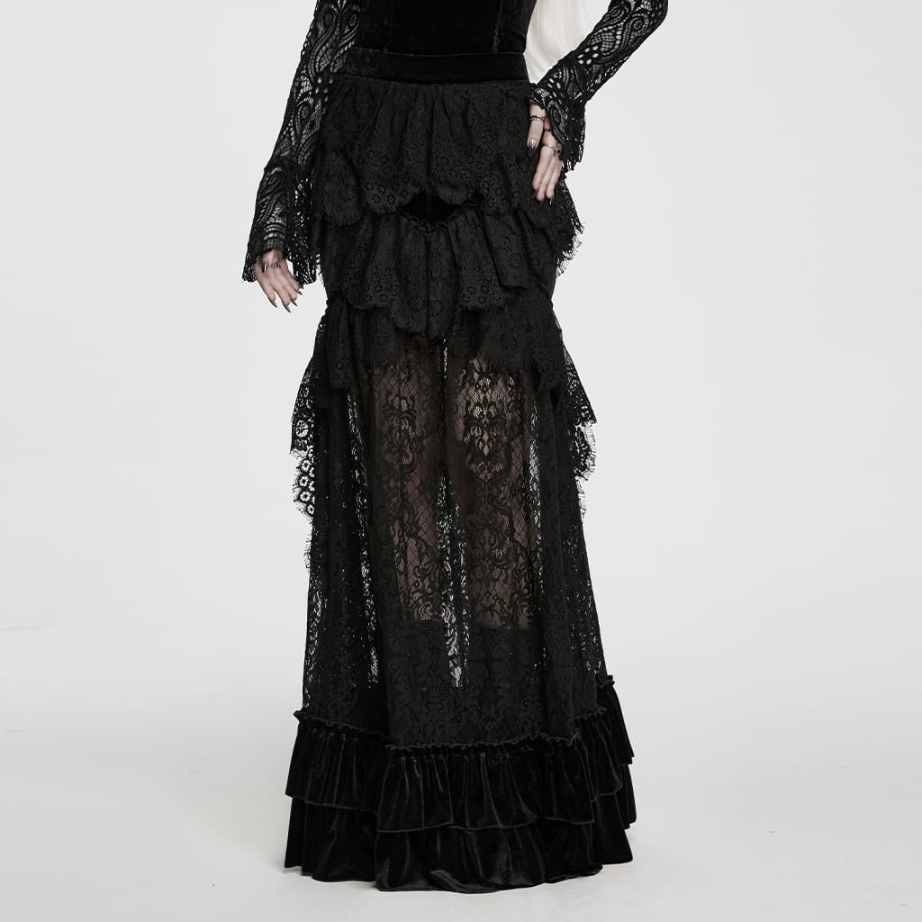 PUNK RAVE Women's Gothic Layered Ruffle Velvet Lace Maxi Skirt
