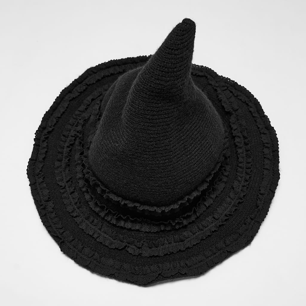 PUNK RAVE Women's Gothic Layered Ruffle Witch Knitted Hat