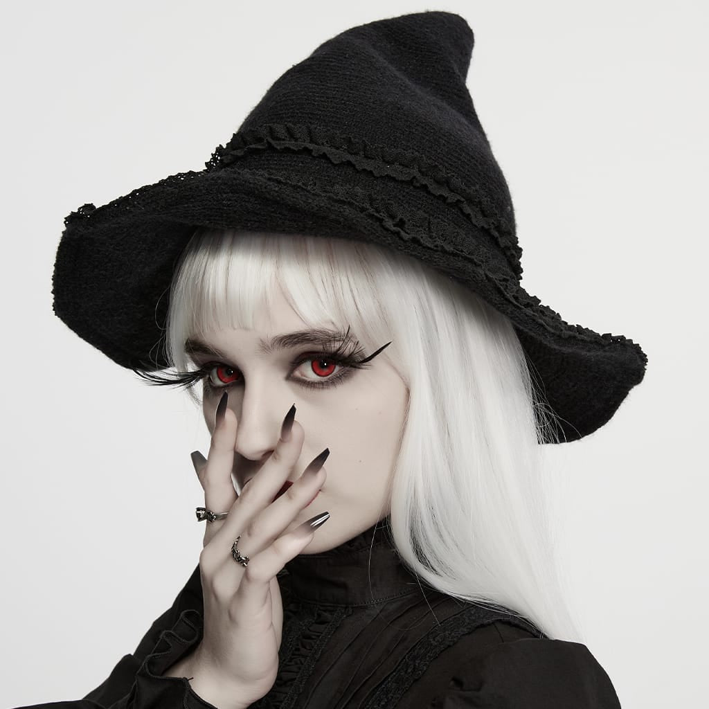 PUNK RAVE Women's Gothic Layered Ruffle Witch Knitted Hat