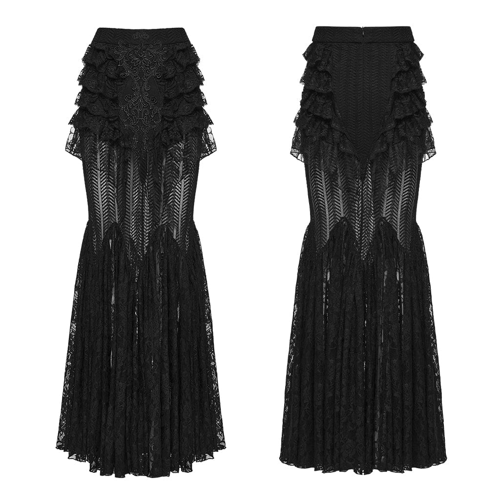 PUNK RAVE Women's Gothic Layered Ruffled Lace Mermaid Skirt