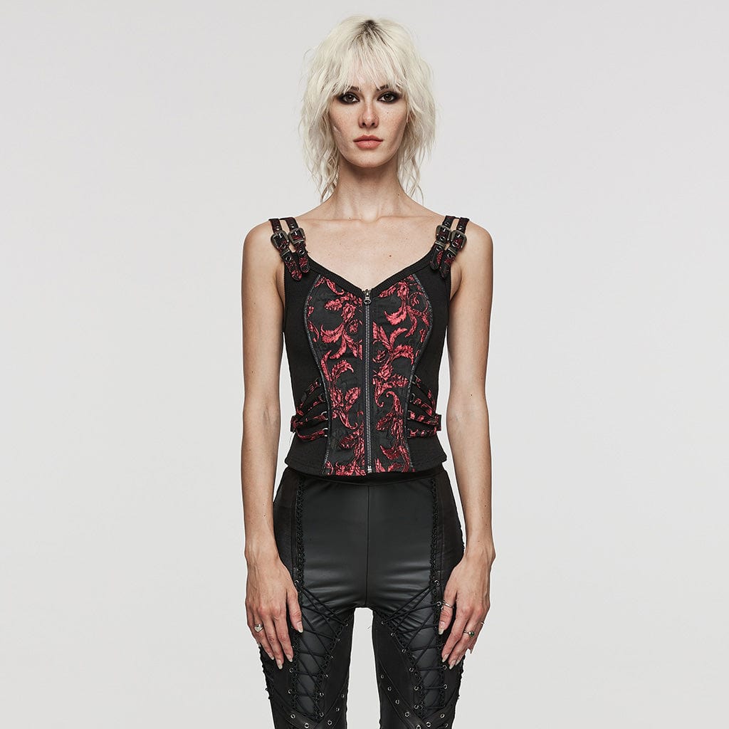 PUNK RAVE Women's Gothic Leaf Printed Buckle Vest