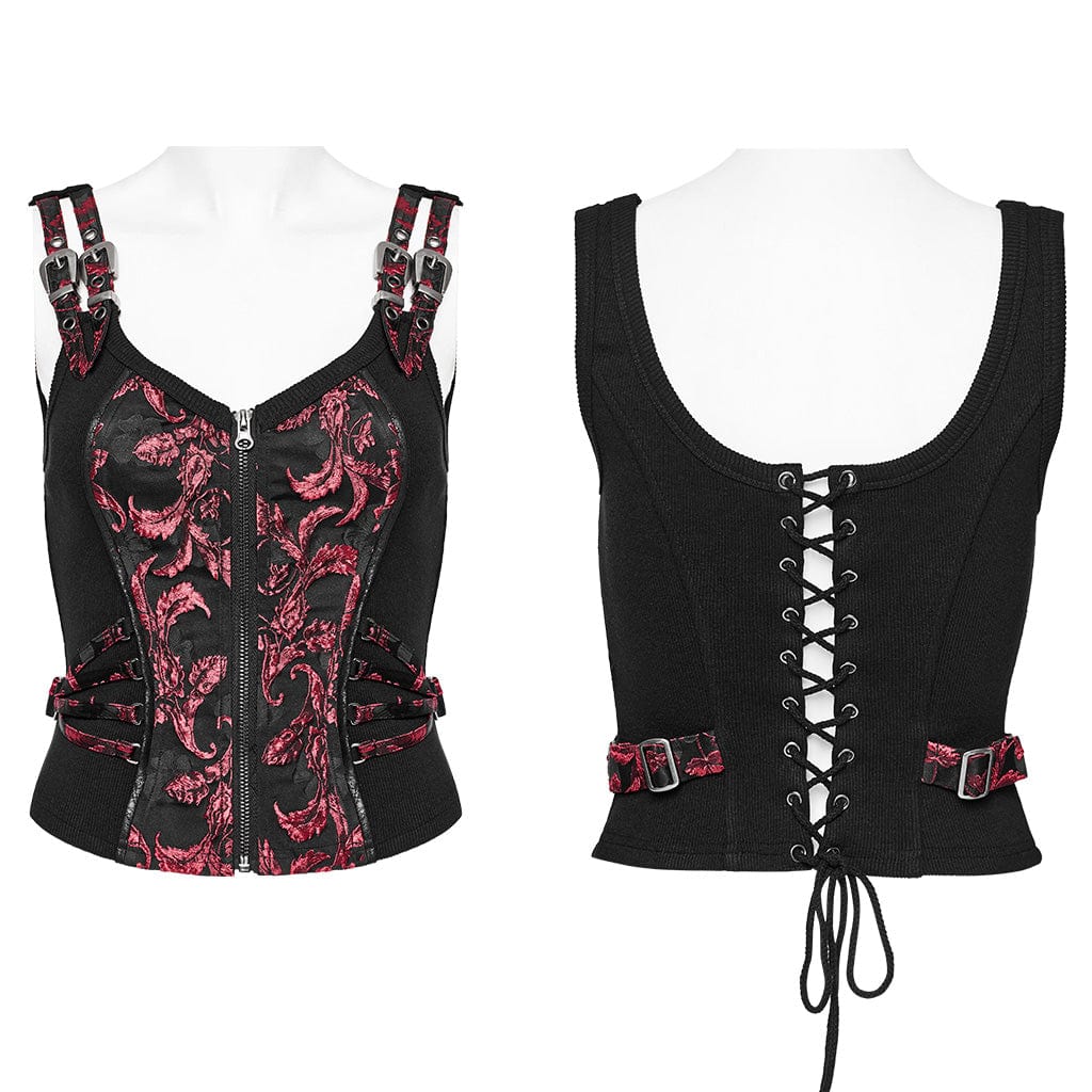 PUNK RAVE Women's Gothic Leaf Printed Buckle Vest