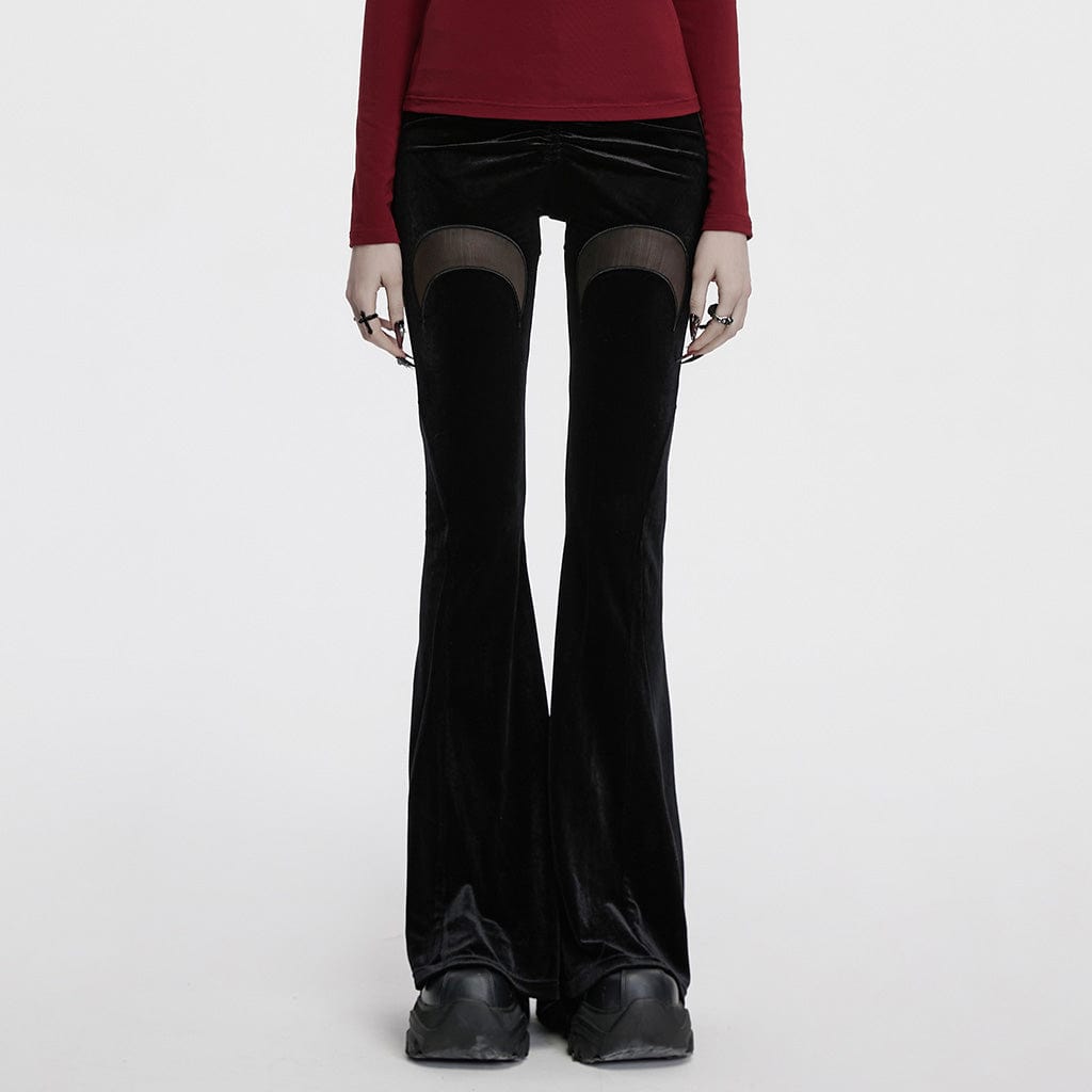PUNK RAVE Women's Gothic Mesh Moon Drawstring Velvet Flared Pants