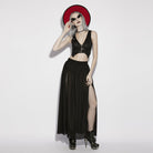 PUNK RAVE Women's Gothic Mesh Sheer Side Slit Long Skirt