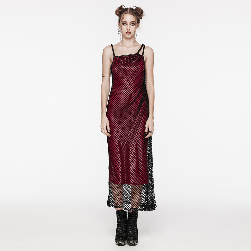 PUNK RAVE Women's Gothic Mesh Splice Drawstring Slip Dress Red