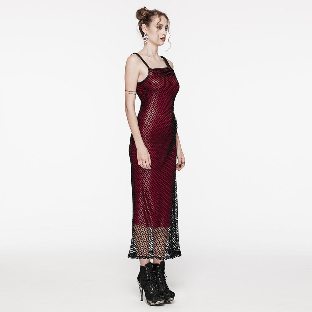 PUNK RAVE Women's Gothic Mesh Splice Drawstring Slip Dress Red