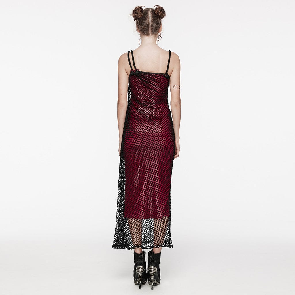 PUNK RAVE Women's Gothic Mesh Splice Drawstring Slip Dress Red