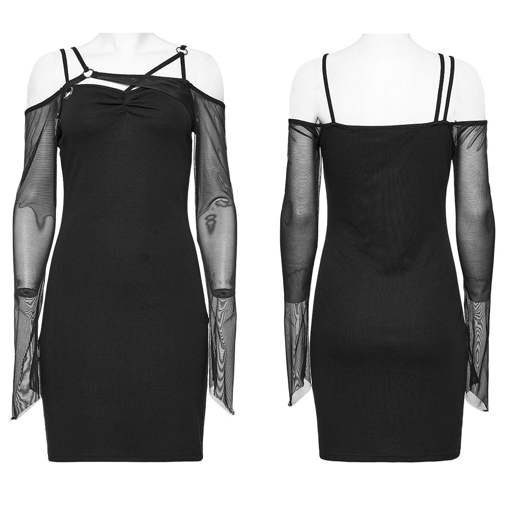 PUNK RAVE Women's Gothic Mesh Splice Off-shoulder Dress