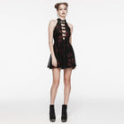 PUNK RAVE Women's Gothic Mesh Splice Red Rose Velvet Halterneck Dress