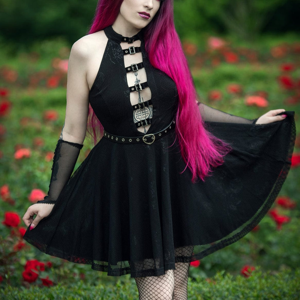 PUNK RAVE Women's Gothic Mesh Splice Rose Velvet Halterneck Dress