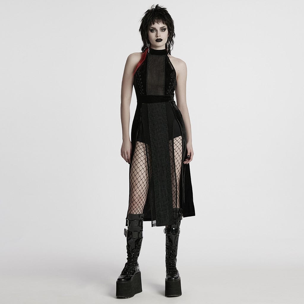 PUNK RAVE Women's Gothic Mesh Splice Velvet Halterneck Dress