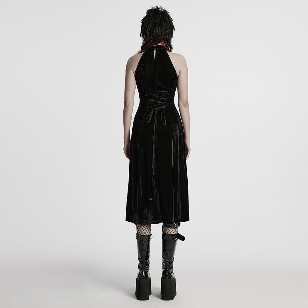 PUNK RAVE Women's Gothic Mesh Splice Velvet Halterneck Dress