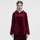 PUNK RAVE Women's Gothic Moon Embroidered Velvet Hooded Coat Red