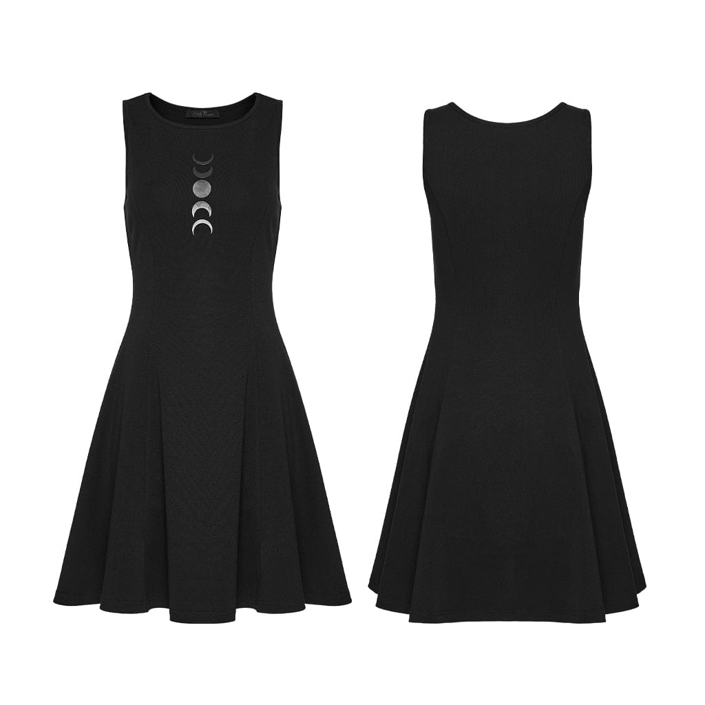 PUNK RAVE Women's Gothic Moon Phase Printed Sleeveless Dress
