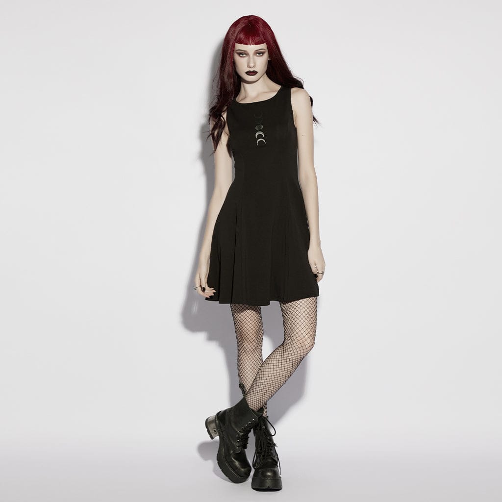 PUNK RAVE Women's Gothic Moon Phase Printed Sleeveless Dress