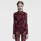 PUNK RAVE Women's Gothic Moon Printed Ruched Mesh Shirt Red