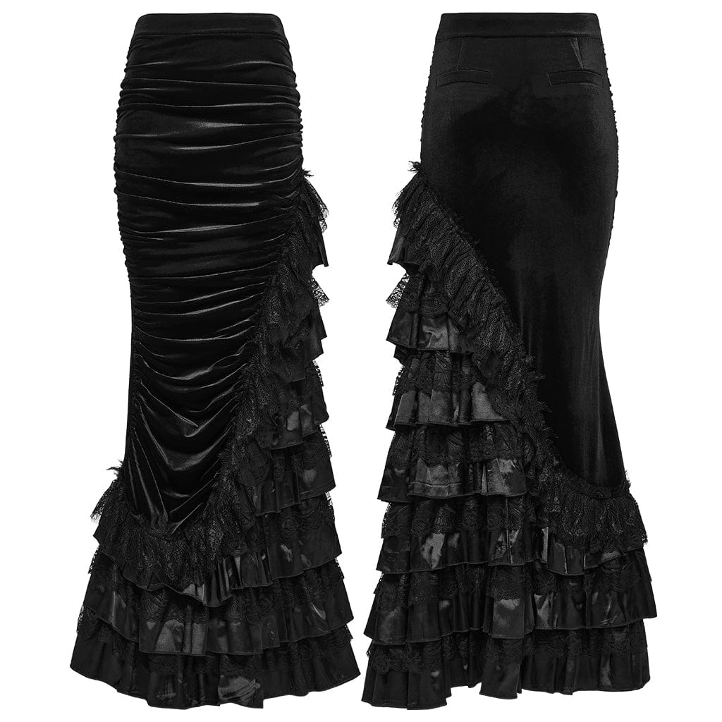 PUNK RAVE Women's Gothic Multilayer Hem Ruched Skirt Black
