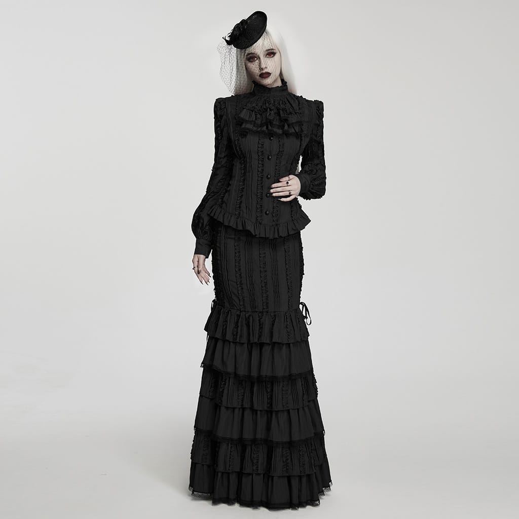 PUNK RAVE Women's Gothic Multilayer Ruffle Lace-up Mermaid Skirt