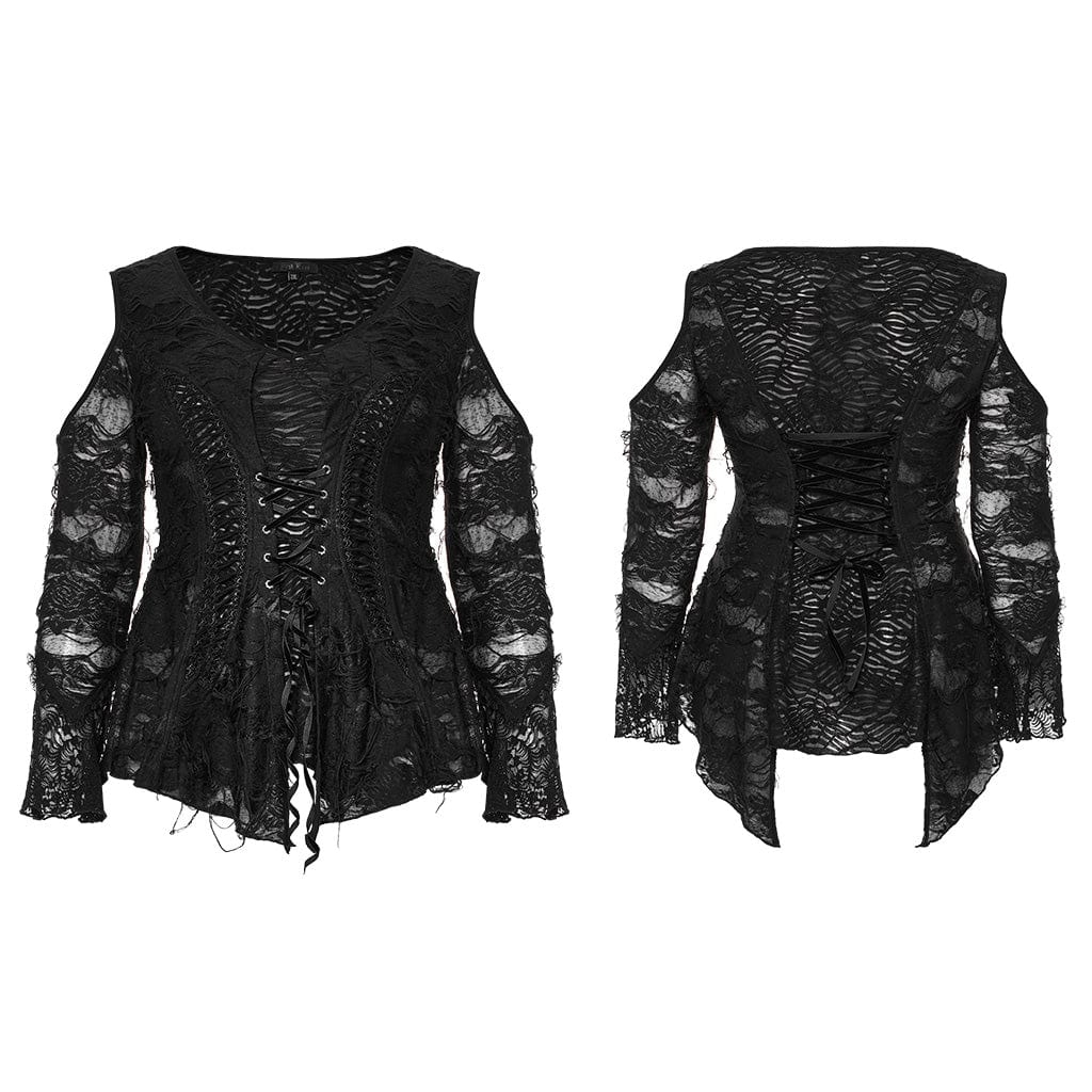 PUNK RAVE Women's Gothic Off Shoulder Flared Sleeved Lace Shirt