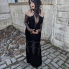 PUNK RAVE Women's Gothic Off Shoulder Mesh Splice Velvet Dress