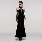 PUNK RAVE Women's Gothic Off Shoulder Mesh Splice Velvet Dress