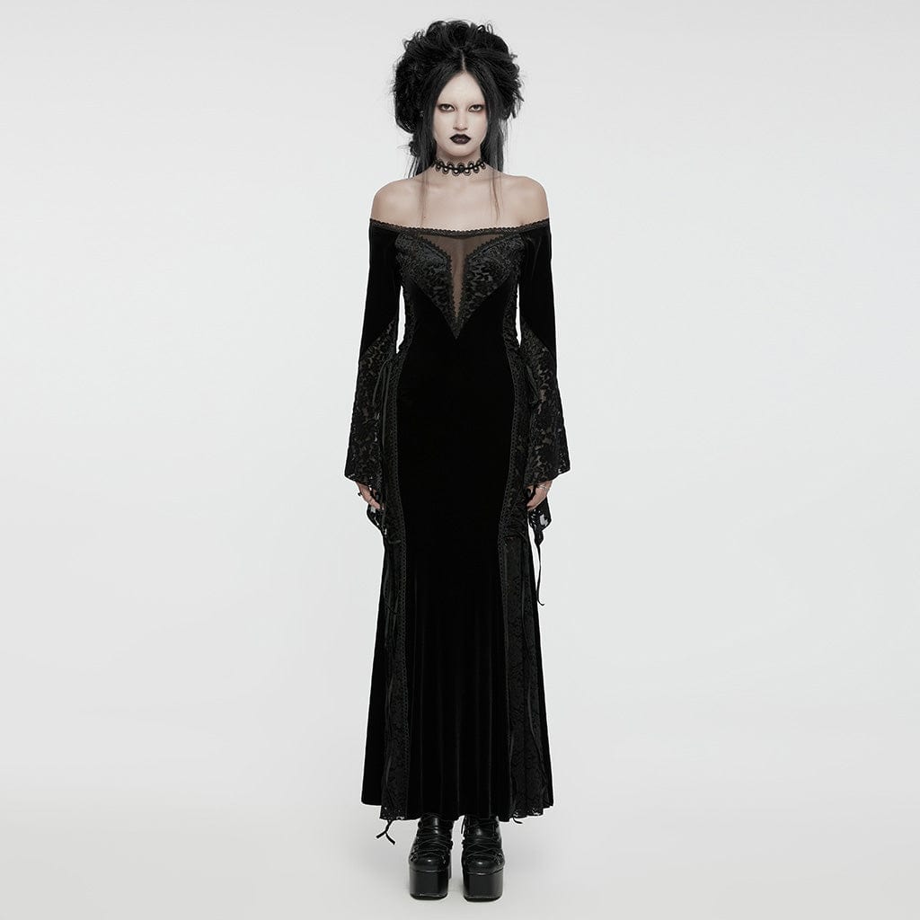 PUNK RAVE Women's Gothic Off-the-shoulder Lace Splice Velvet Gown Dress