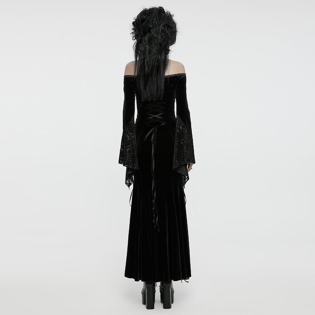 PUNK RAVE Women's Gothic Off-the-shoulder Lace Splice Velvet Gown Dress