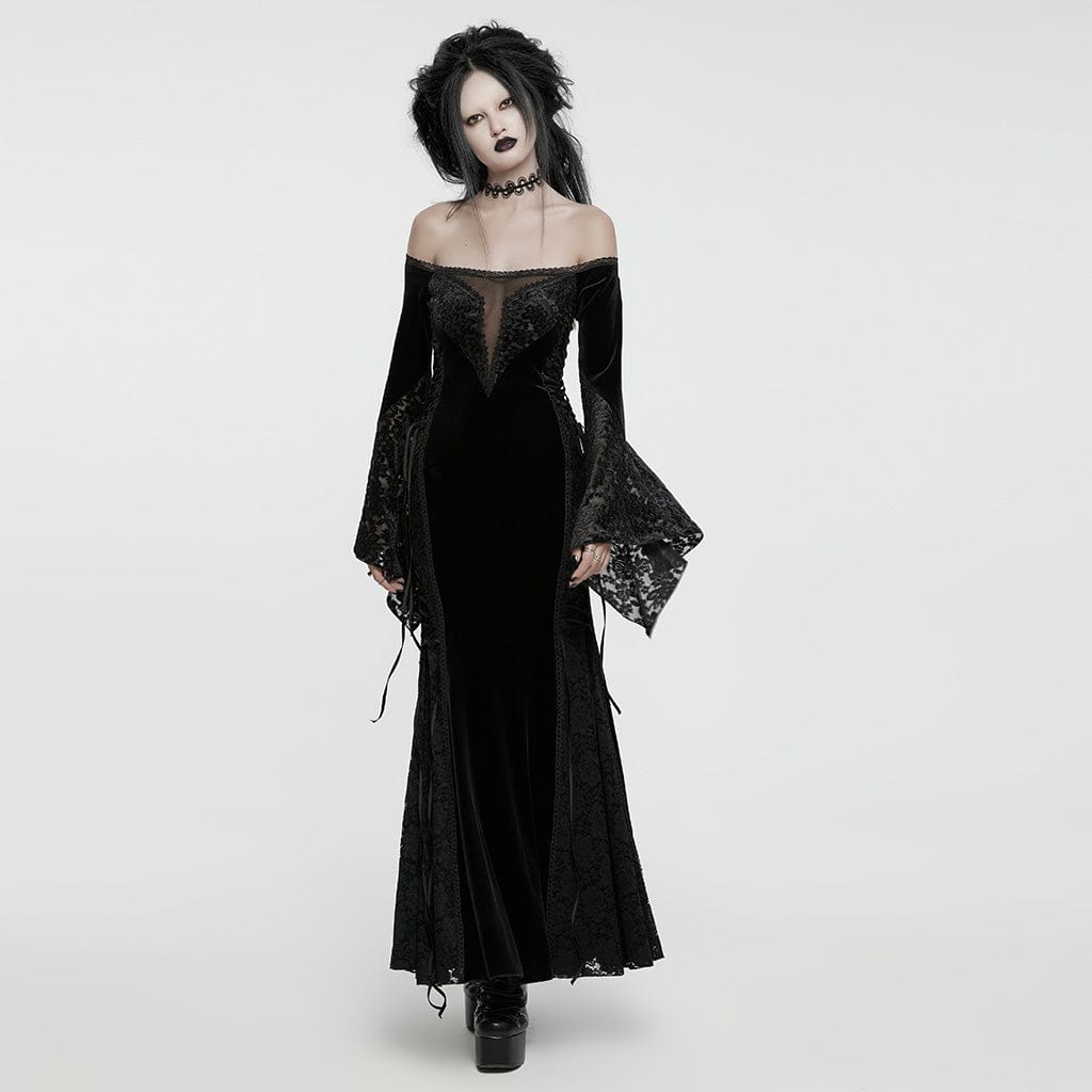 PUNK RAVE Women's Gothic Off-the-shoulder Lace Splice Velvet Gown Dress