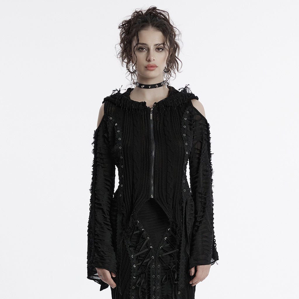 PUNK RAVE Women's Gothic Off-the-shoulder Ripped Black Knitted Coat with Hood