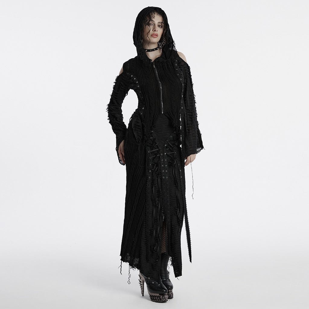 PUNK RAVE Women's Gothic Off-the-shoulder Ripped Black Knitted Coat with Hood