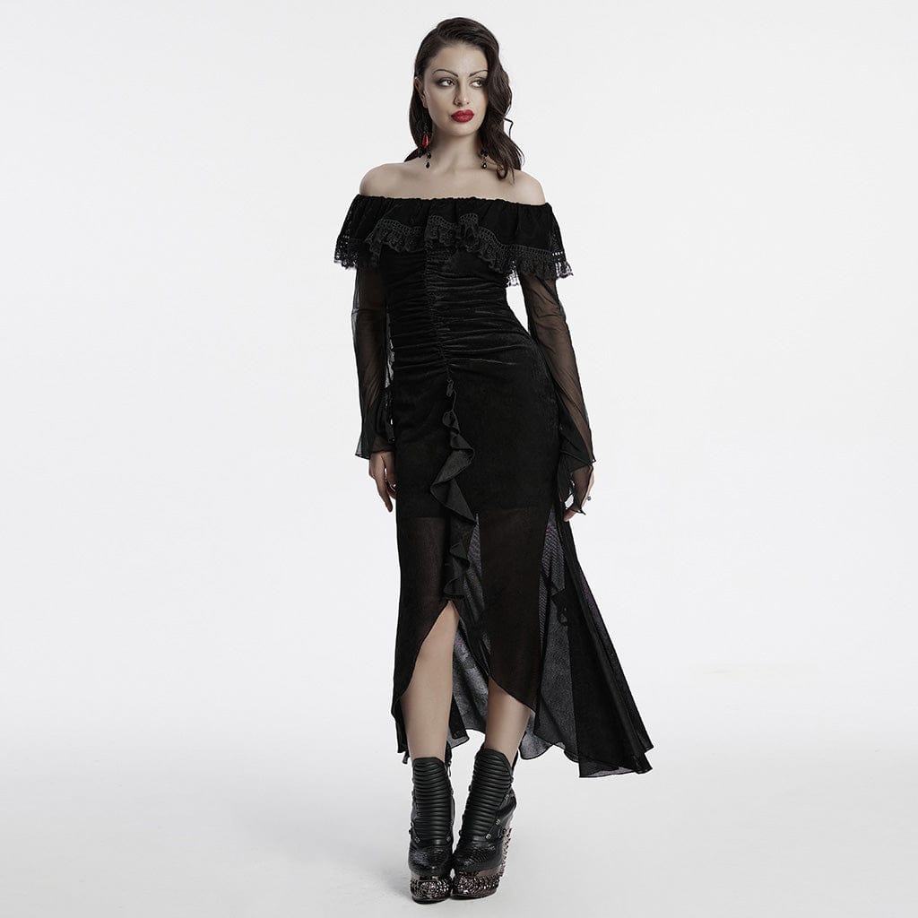 PUNK RAVE Women's Gothic Off-the-shoulder Ruffled Mesh Prom Dress