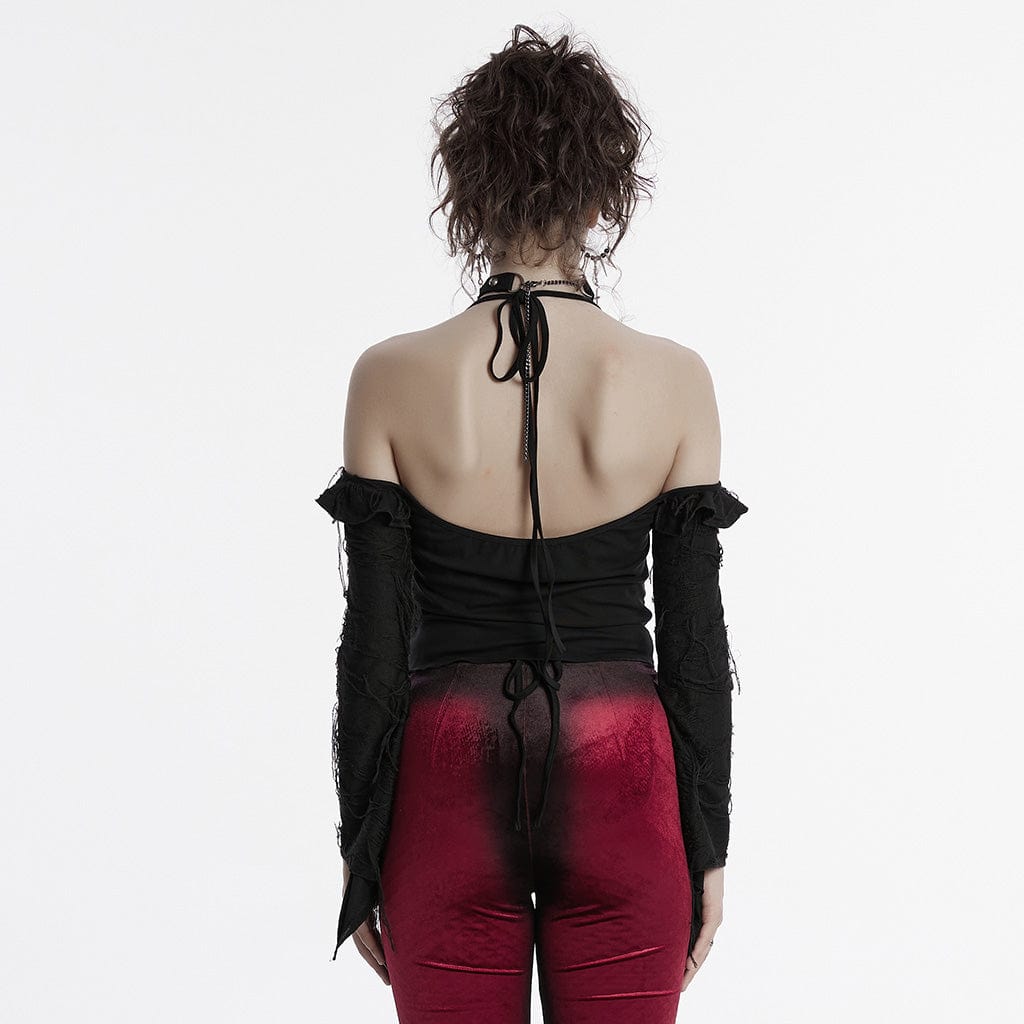 PUNK RAVE Women's Gothic Off-the-shoulder Ruffled Ripped Shirt