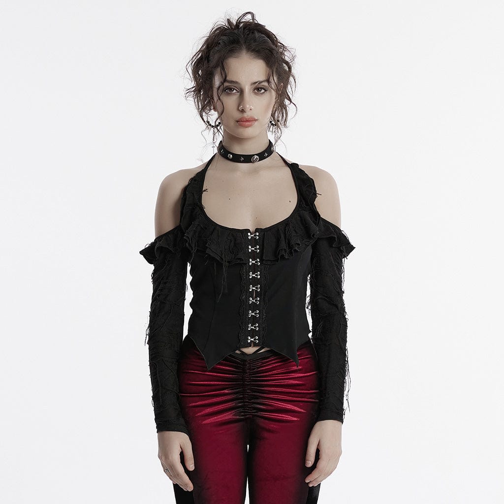 PUNK RAVE Women's Gothic Off-the-shoulder Ruffled Ripped Shirt