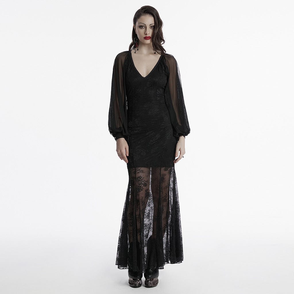 PUNK RAVE Women's Gothic Plunging Batwing Sleeved Fishtail Dress