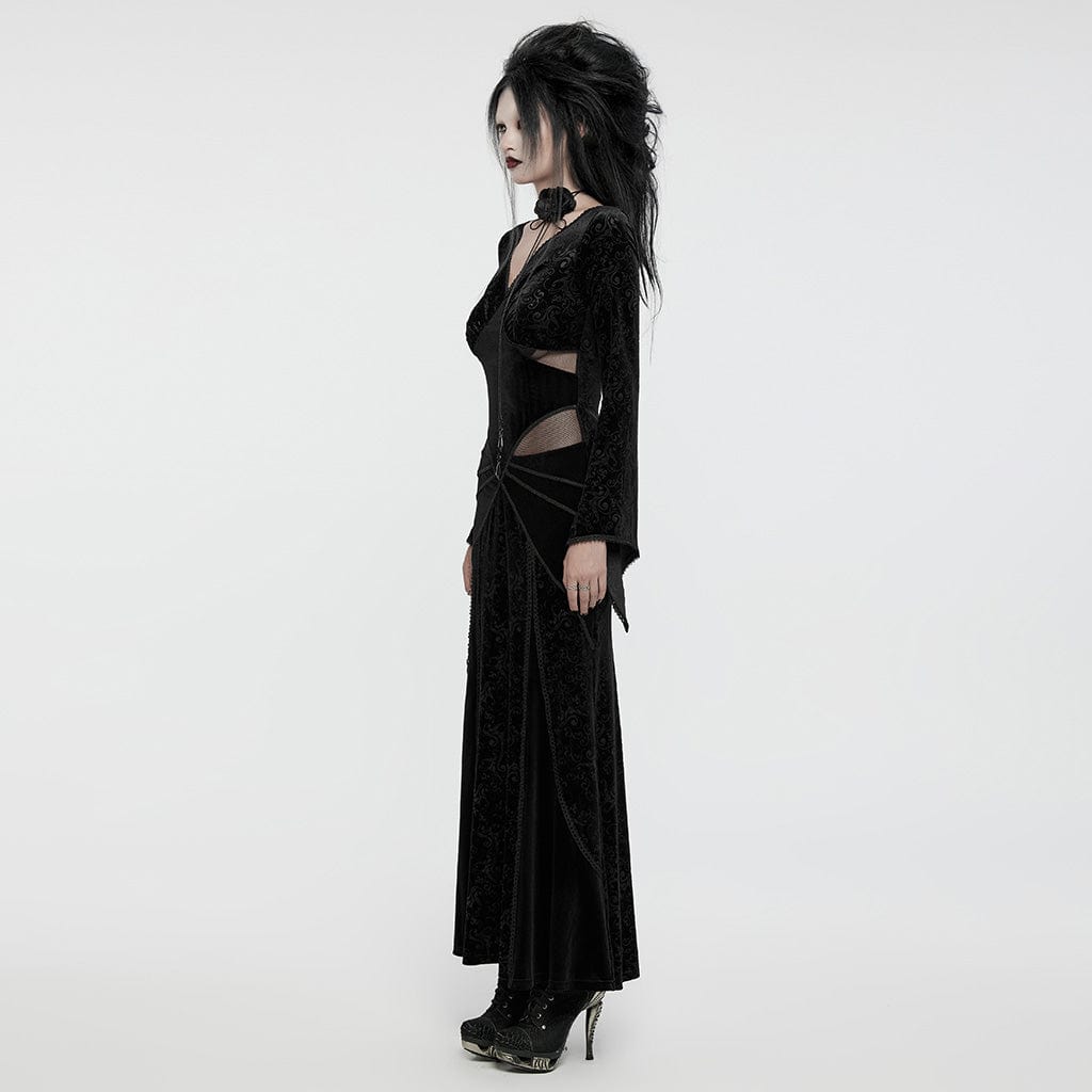 PUNK RAVE Women's Gothic Plunging Embossed Velvet Prom Dress Black