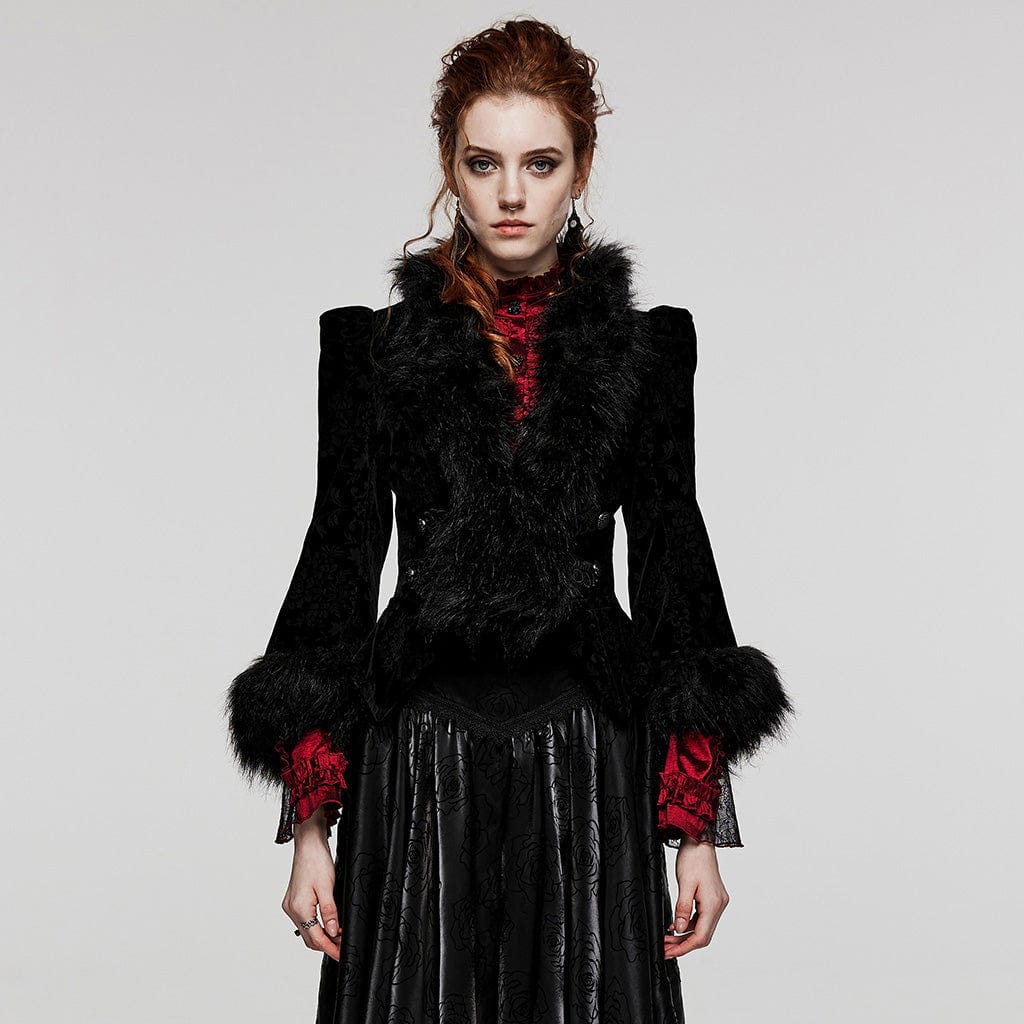 PUNK RAVE Women's Gothic Plunging Faux Fur Splice Velvet Coat