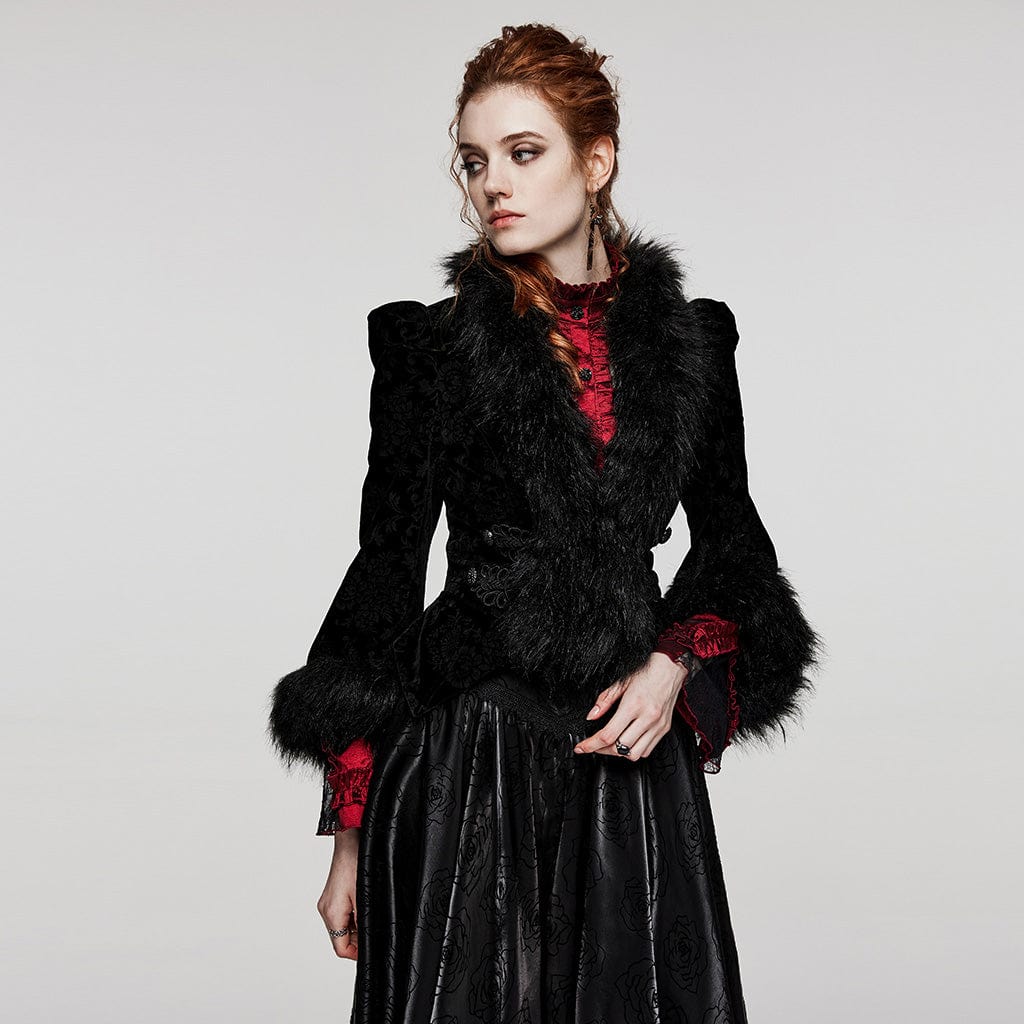 PUNK RAVE Women's Gothic Plunging Faux Fur Splice Velvet Coat