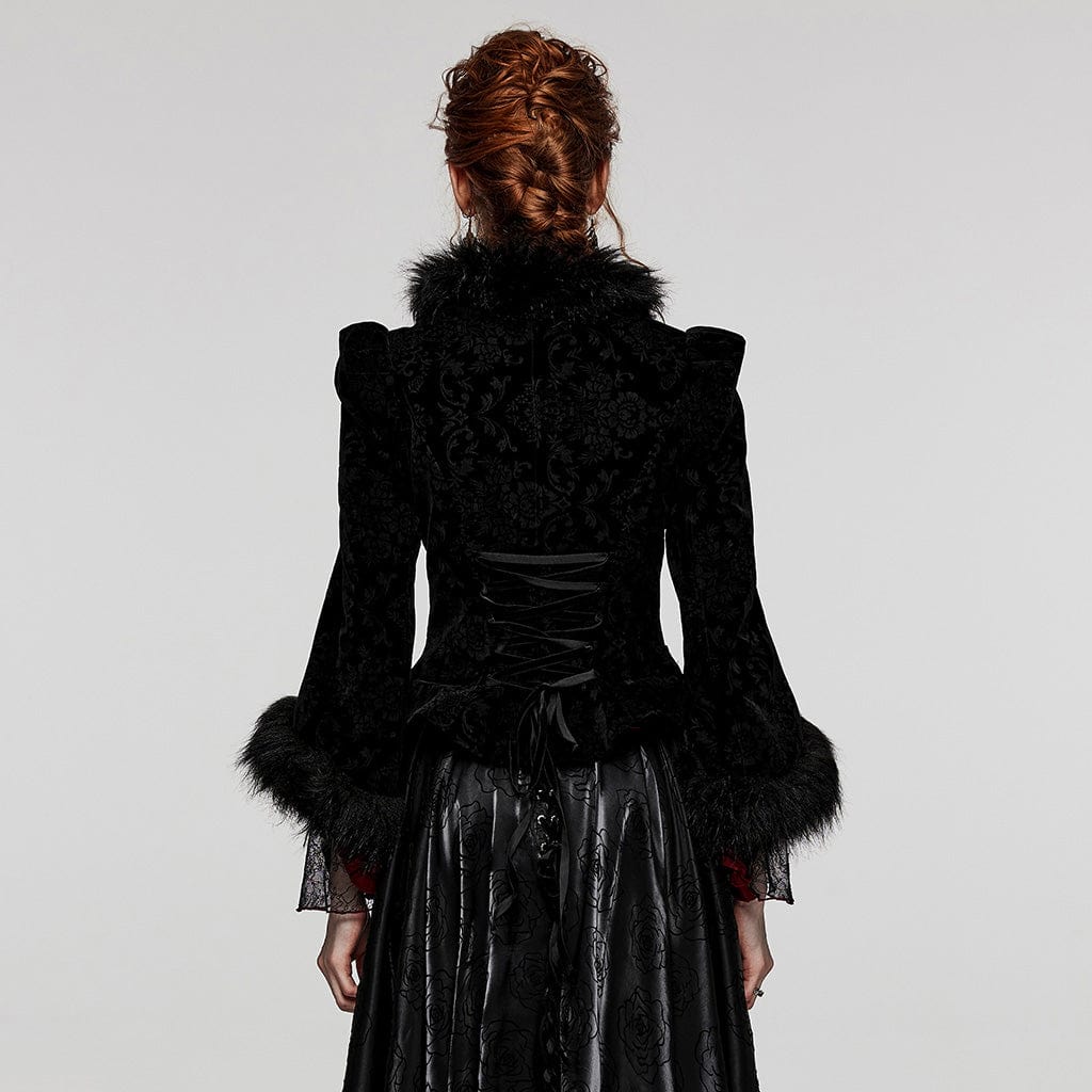 PUNK RAVE Women's Gothic Plunging Faux Fur Splice Velvet Coat