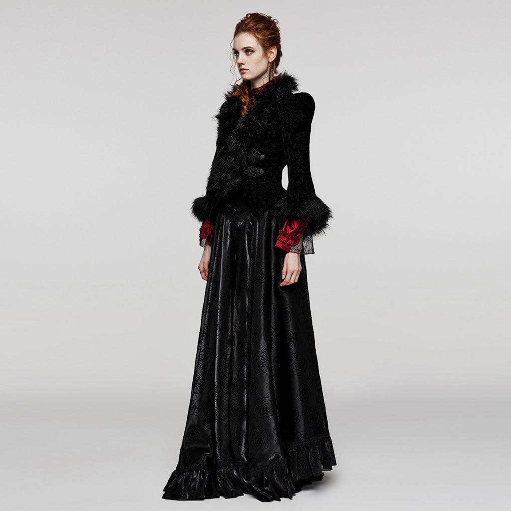 PUNK RAVE Women's Gothic Plunging Faux Fur Splice Velvet Coat