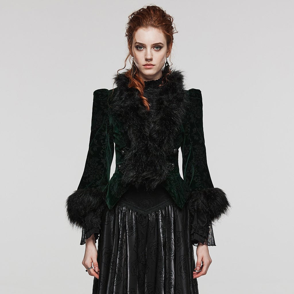 PUNK RAVE Women's Gothic Plunging Faux Fur Splice Velvet Coat