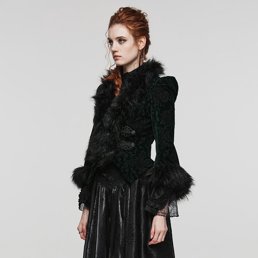 PUNK RAVE Women's Gothic Plunging Faux Fur Splice Velvet Coat