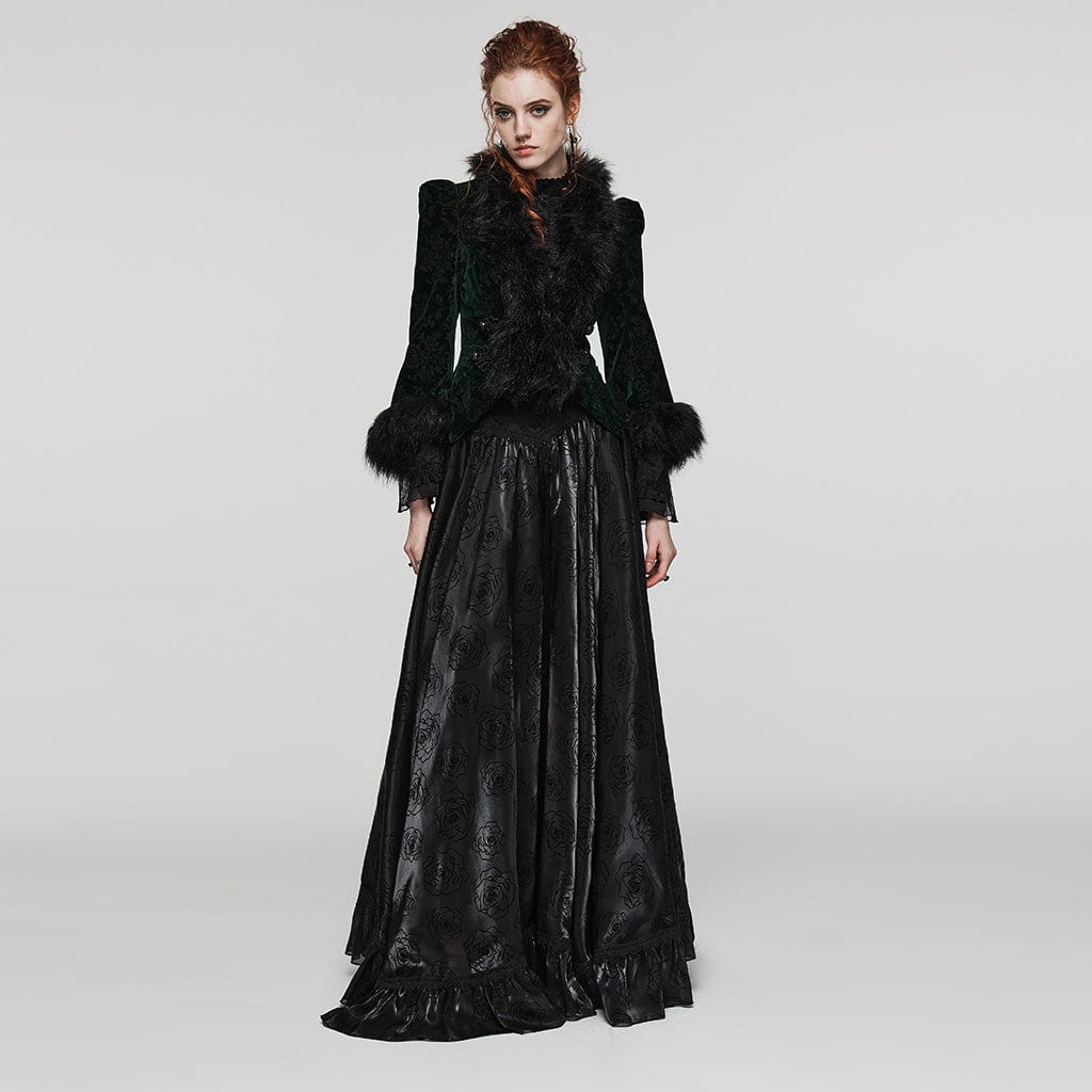 PUNK RAVE Women's Gothic Plunging Faux Fur Splice Velvet Coat