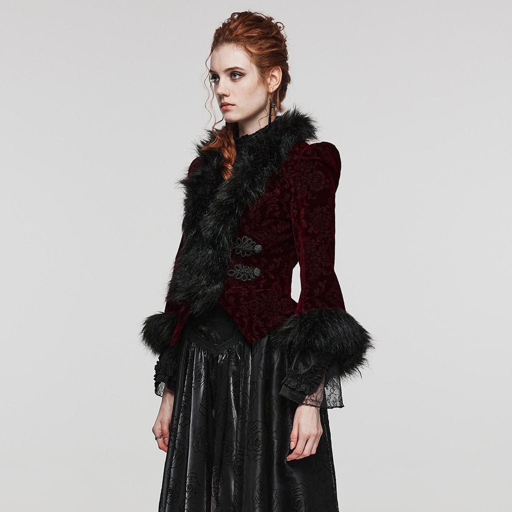 PUNK RAVE Women's Gothic Plunging Faux Fur Splice Velvet Coat