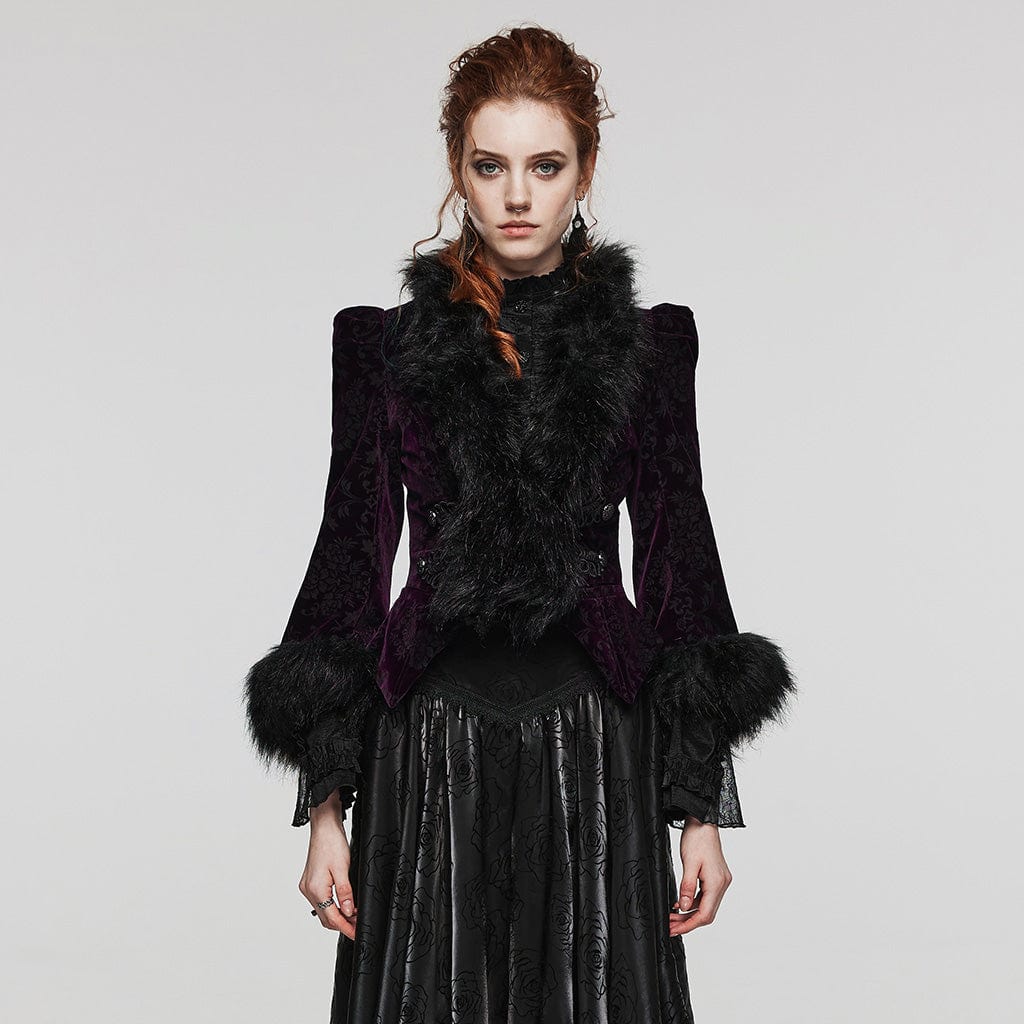 PUNK RAVE Women's Gothic Plunging Faux Fur Splice Velvet Coat