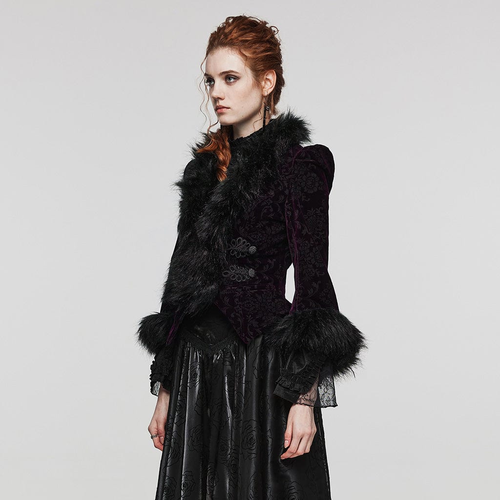 PUNK RAVE Women's Gothic Plunging Faux Fur Splice Velvet Coat