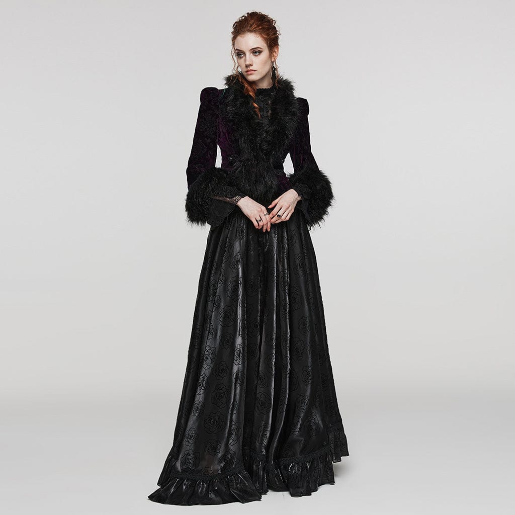 PUNK RAVE Women's Gothic Plunging Faux Fur Splice Velvet Coat